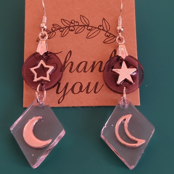 Moon and Star Hand Crafted Earrings - Picture 1 of 3